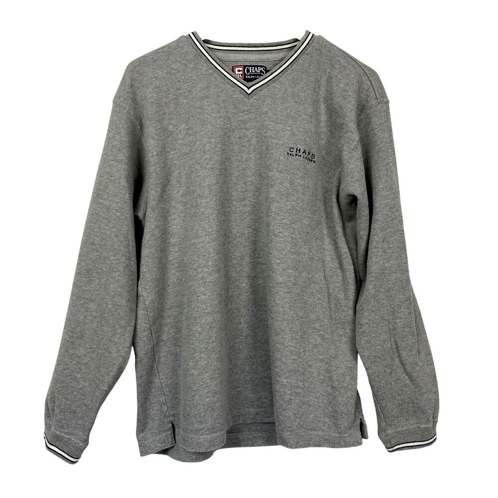 Vtg Ralph Lauren Chaps Sweater Mens Large Gray V Neck Logo Old Money Tennis Prep
